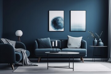 Blue Living Room Interior Created with Generative AI