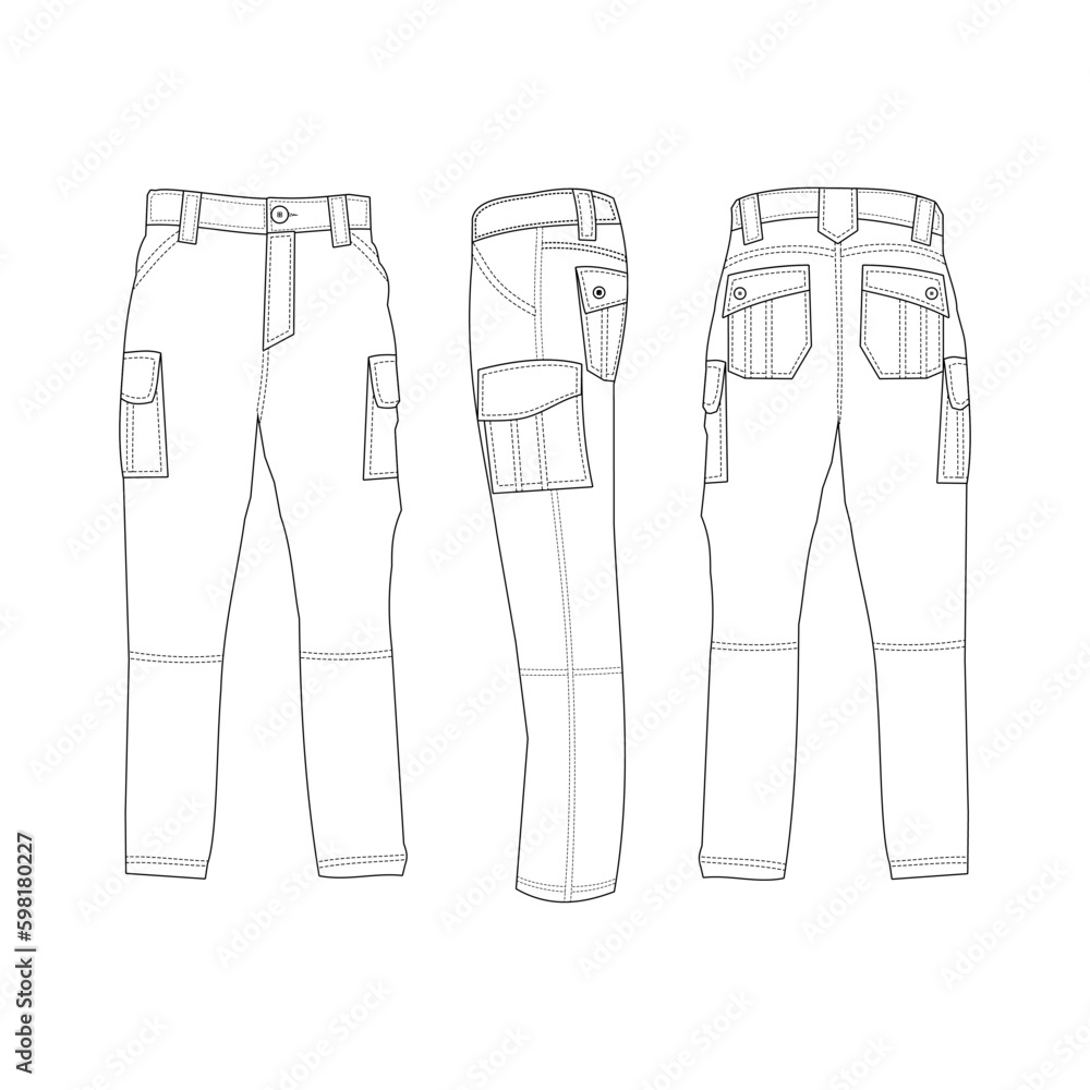 Wall mural White technical sketch of mens cargo pants vector template, front, back and side view, isolated on white background, editable color and stroke.