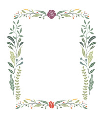 Flower and leaf frame decoration. Botanical wreath, border, garland design element. Floral illustration great for wedding invitation, greeting, mother's day card, web and social media post.