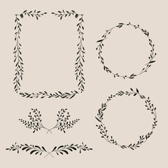 Flower and leaf frame decoration. Botanical wreath, border, garland design element. Floral illustration great for wedding invitation, greeting, mother's day card, web and social media post.