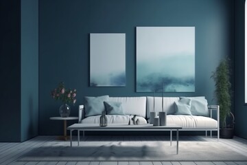 Blue Living Room Interior Created with Generative AI