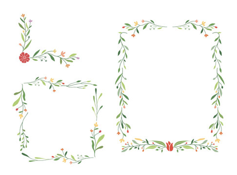 Flower and leaf frame decoration. Botanical wreath, border, garland design element. Floral illustration great for wedding invitation, greeting, mother's day card, web and social media post.