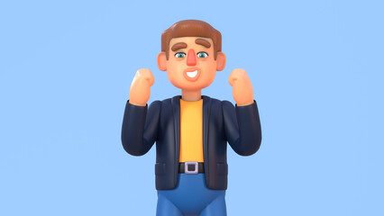 3d render of man in suit celebrating success or achievement