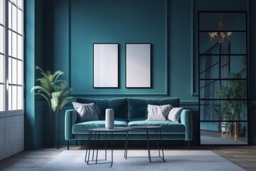 Blue Living Room Interior Created with Generative AI