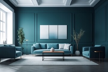 Blue Living Room Interior Created with Generative AI