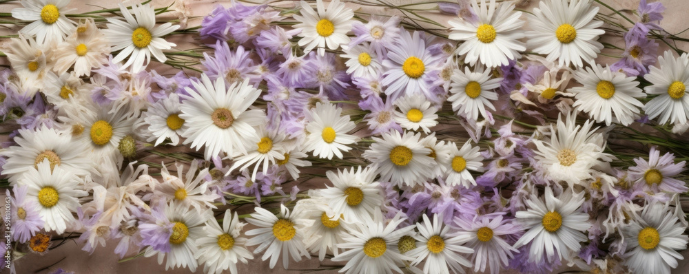 Poster a daisy chain laid out across a sea of grass.. ai generation. generative ai