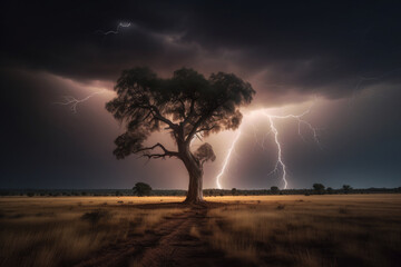 a lightning bolt strikes a lone tree on a vast