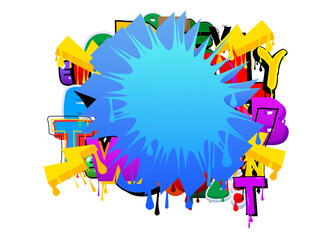 Blue Speech Bubble Graffiti with colorful Background. Urban painting style backdrop. Abstract discussion symbol in modern dirty street art decoration.