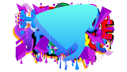 Blue Speech Bubble Graffiti with colorful Background. Urban painting style backdrop. Abstract discussion symbol in modern dirty street art decoration.