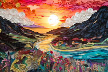Obraz na płótnie Canvas A sunny colorful river village on the mountains