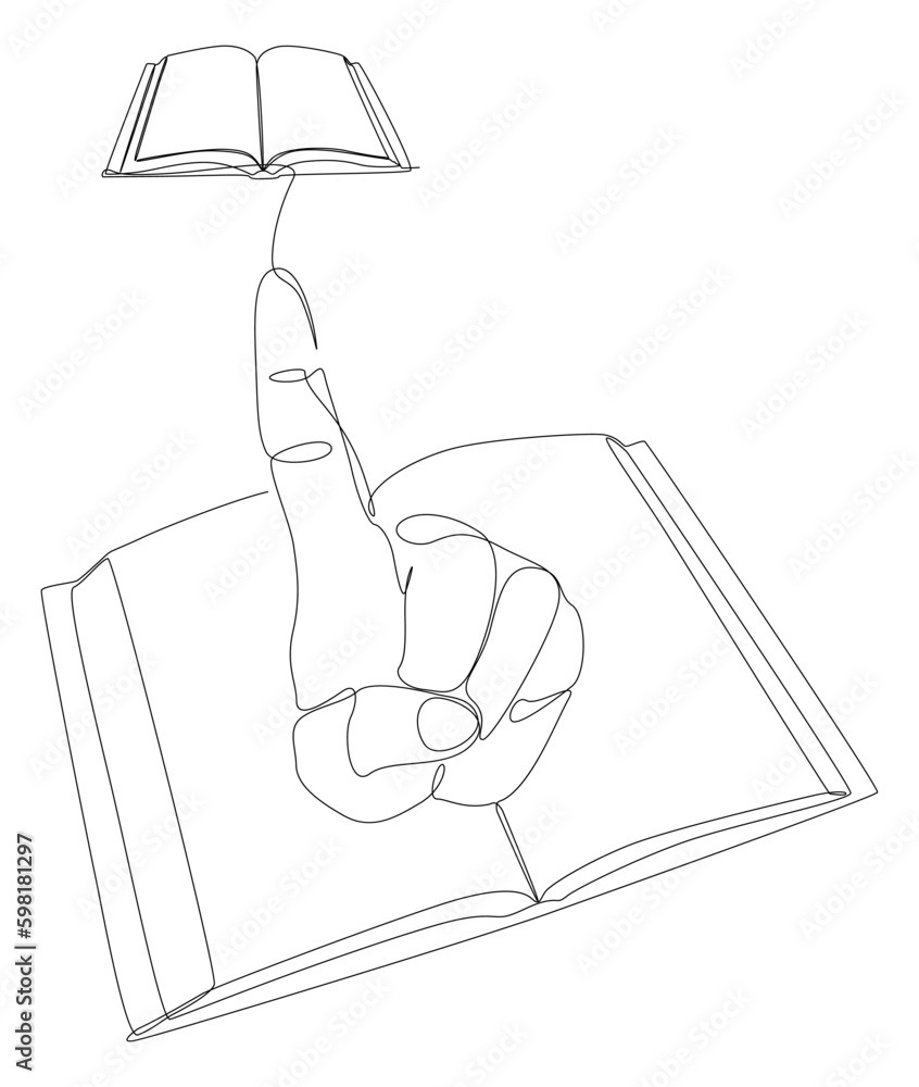 Poster one continuous line of hand with multiple books. thin line illustration vector concept. contour draw