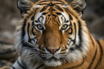 A sly sabertoothed tiger its eyes narrowed in a calculating stare.. AI generation. Generative AI