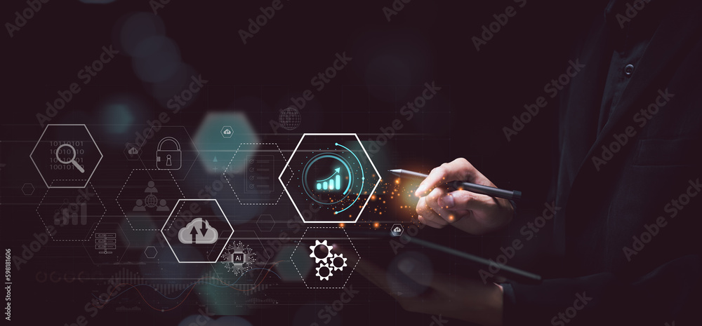 Poster Businessman reading graph report and business statistics charts ,information technology management system ,Business analytics connected to large databases ,business growth graph ,Statistics and Data