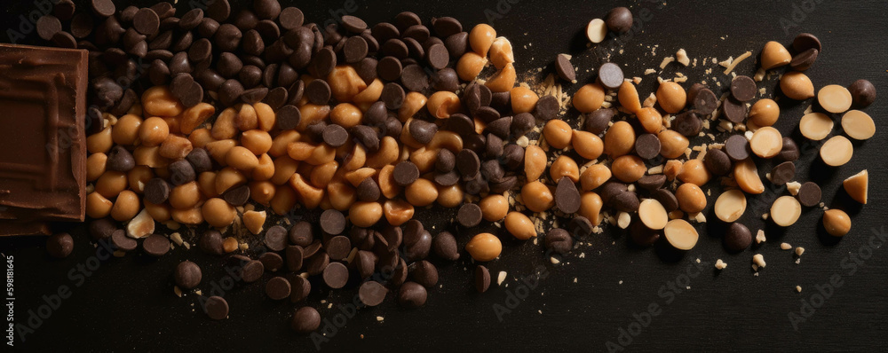 Poster chocolate chips and sea salt mixed with a s of peanut er mixture.. ai generation. generative ai