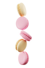 Closeup Macarons dessert food cake flying on white background . 3D Rendering. PNG files