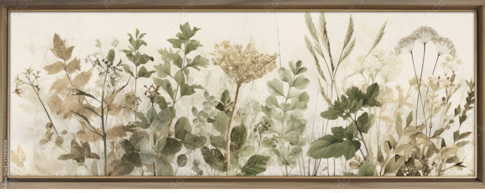 Poster an array of herbs and greenery nestled within a simple gold frame.. ai generation. generative ai