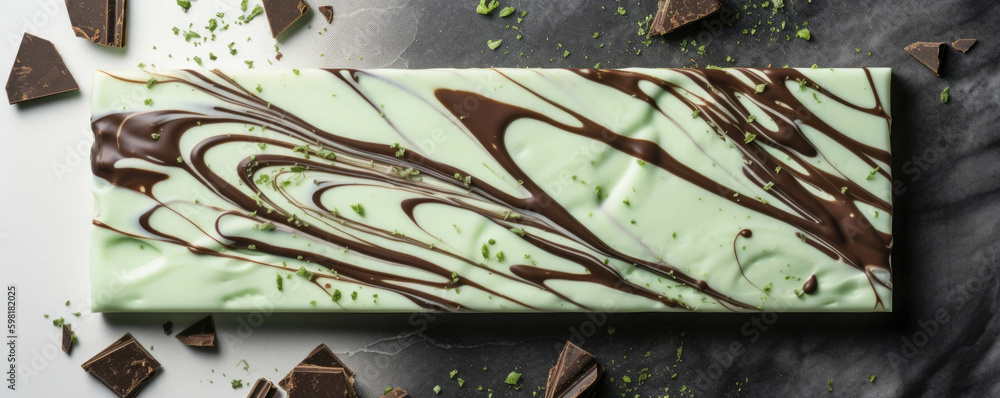 Poster dark chocolate drizzled over a bar that's loaded with flavor.. ai generation. generative ai