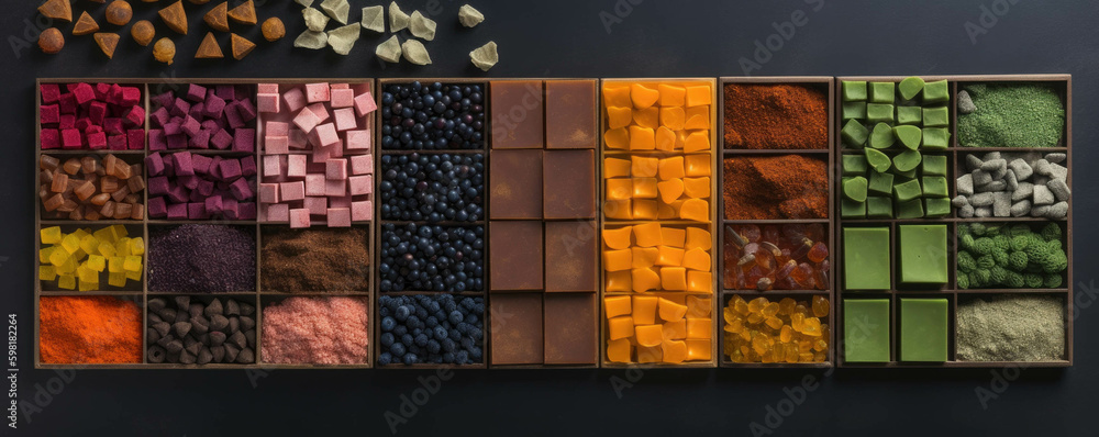 Poster an array of bars with colorful ingredients to choose from.. ai generation. generative ai