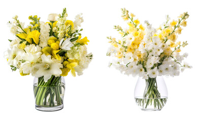 Group of pastel yellow and white summer flowers in vases. Created using generative AI.

