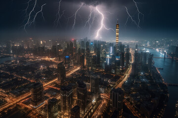 a thunderstorm over a bustling city skyline at night