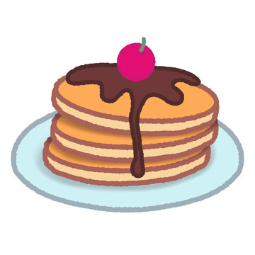Stack of pancakes with melting chocolate and cherry on top