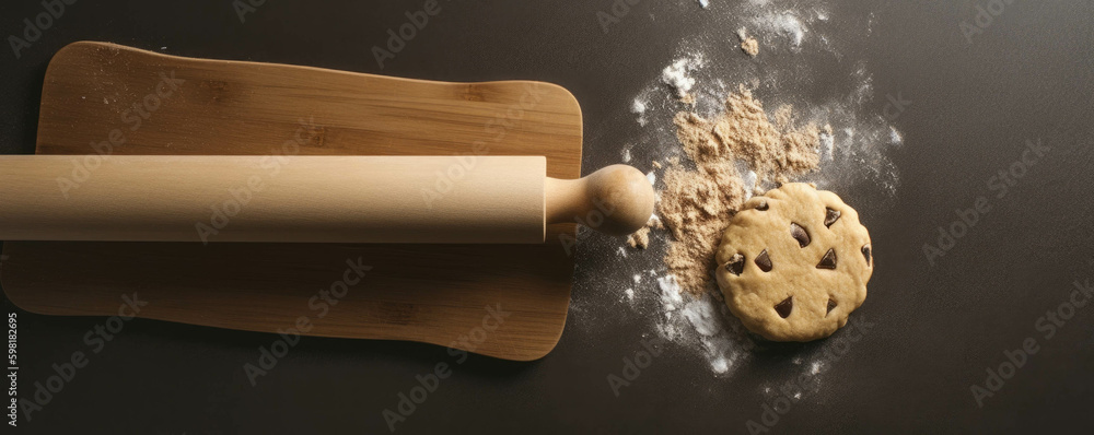 Poster a rolling pin flattening a cookie doughlike bar.. ai generation. generative ai