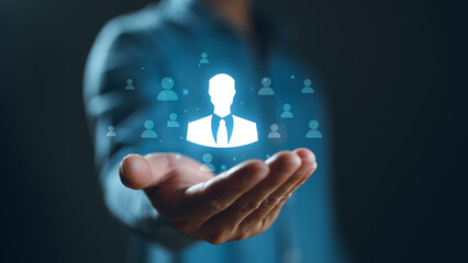 HRM or Human Resource Management, businessman show manager icon which is among staff icons for human development recruitment leadership and customer target group concept. Manager, research, target.