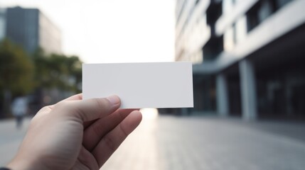 Hand hold blank plain white business card design mockup. Clear calling cards mock up template holding arm. Generative AI.