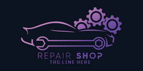 Fototapeta na wymiar Automotive repair and car repair logo with creative car shape and gear design vector