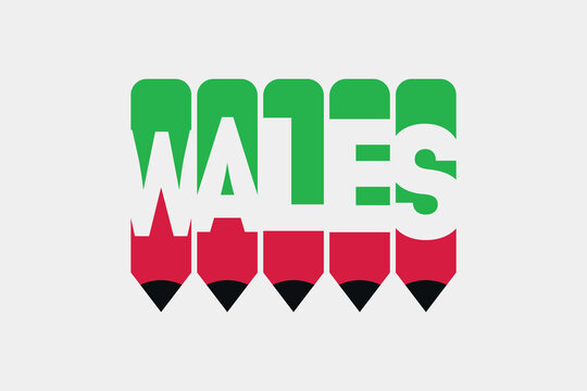 Wales text with Pencil symbol creative ideas design. Wales flag color concept vector illustration. Wales typography negative space word vector illustration. Wales country name vector design.