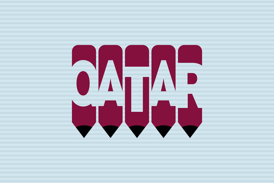 Qatar text with Pencil symbol creative ideas design. Qatar flag color concept vector illustration. Qatar typography negative space word vector illustration. Qatar country name vector design.