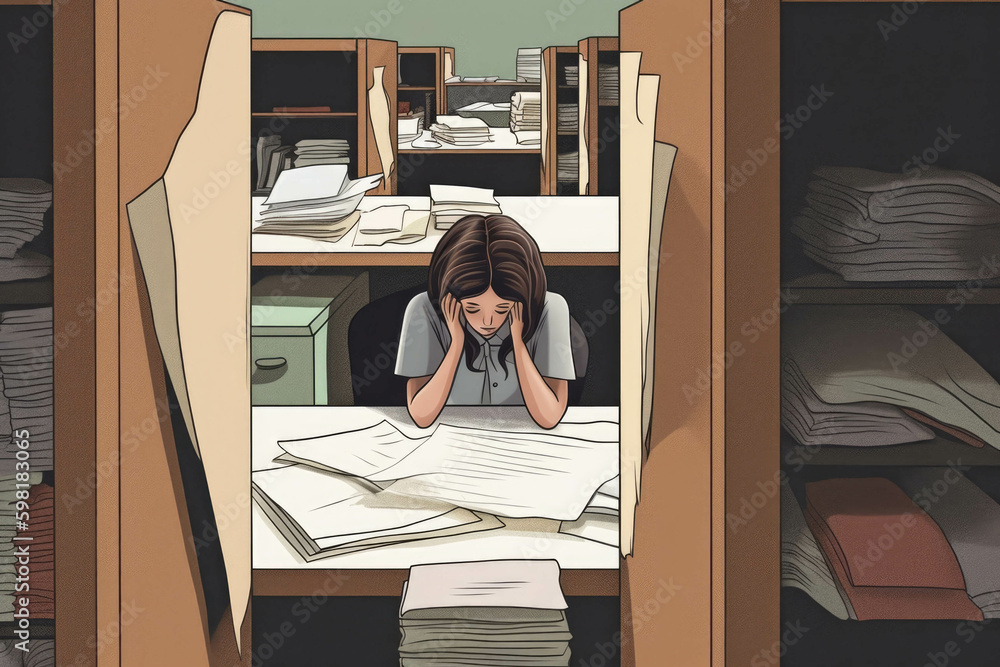 Poster a female office worker sitting in an empty cubicle with her head in her hands surrounded by financia