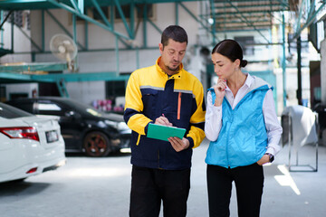 Young caucasian white woman taking technician in garage about vehicla annual check up - maintenance.