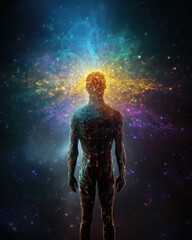 A human figure with a brain made up of vibrant particles highlighting the acceleration of brain growth Psychology emotions concept. AI generation. Generative AI