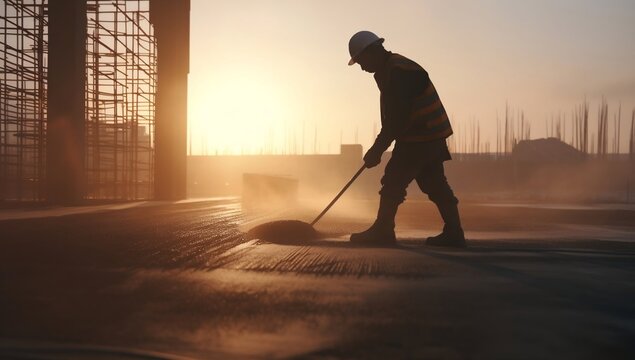 Worker's silhouette pouring concrete for commercial flooring construction