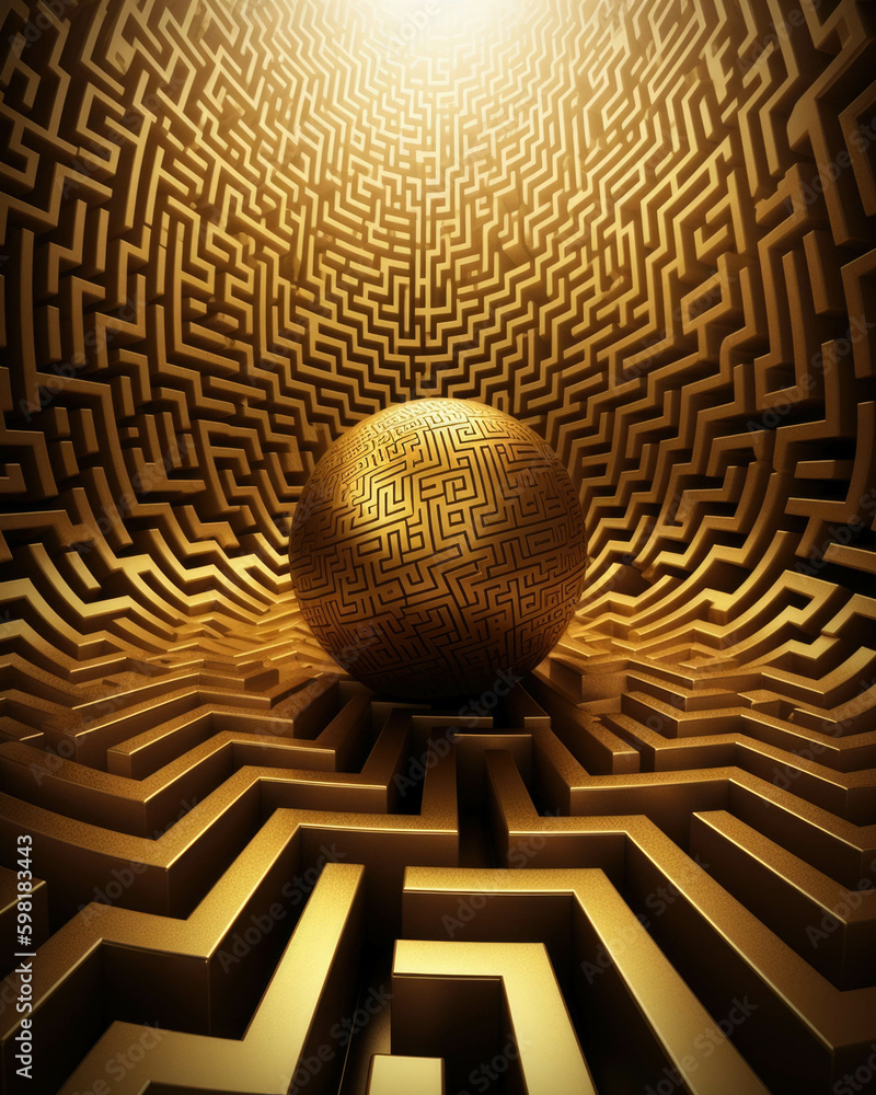 Poster a maze of a financial track with a gleaming gold sphere at the end – ilrating the journey and risks 