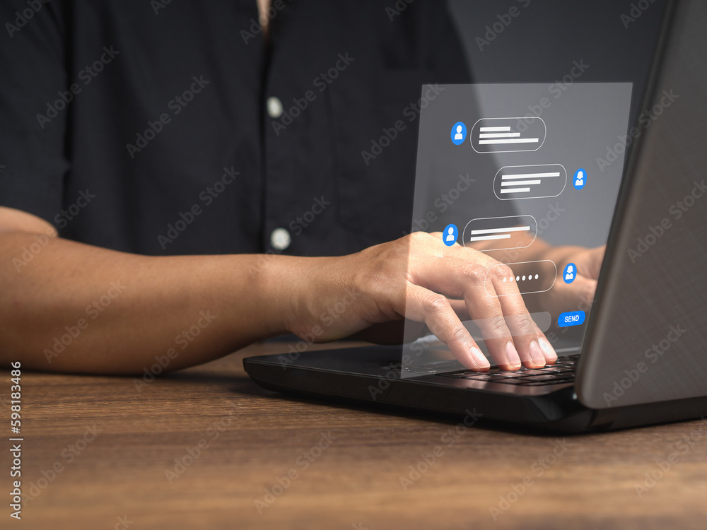 Poster man typing on a keyboard laptop with live chat chatting on application communication digital media w