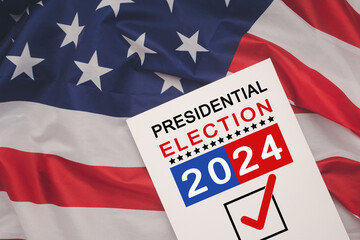 Presidential election 2024 text on white paper over the American flag background - obrazy, fototapety, plakaty