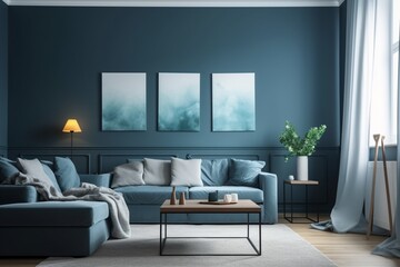 Blue Living Room Interior Created with Generative AI