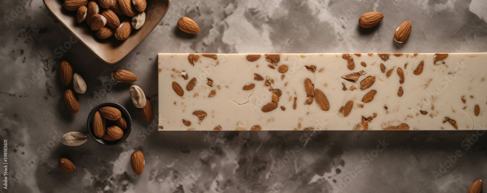 Poster creamy almond er and dates combine to make the perfect bar.. ai generation. generative ai