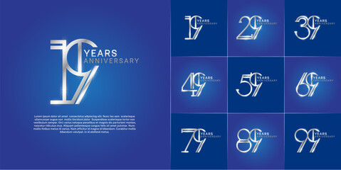 set of anniversary logotype silver color with glitter on blue color background for special celebration event