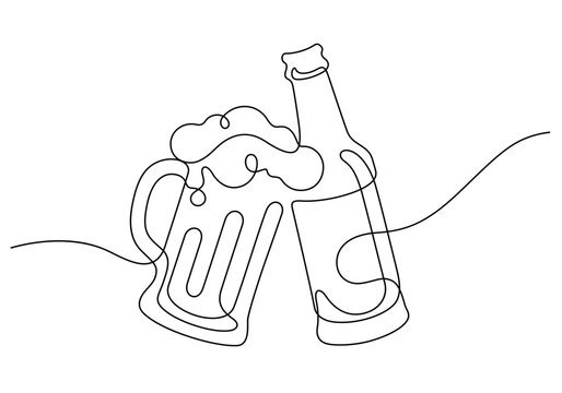beer bottle and froth beer mug celebratory toast clinking in continuous line drawing vector illustration minimalism style