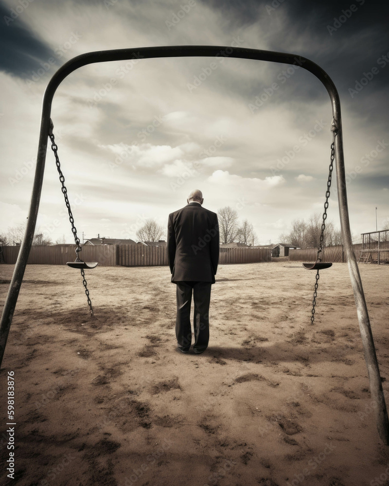 Poster a man with his back to the camera standing by a desolate playground the swing far behind him empty a