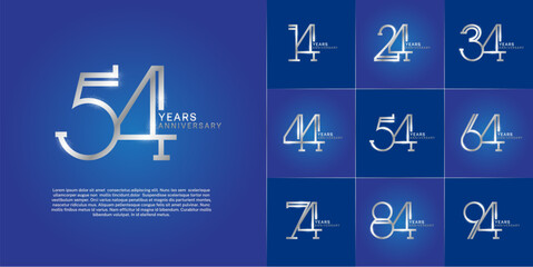 set of anniversary logotype silver color with glitter on blue color background for special celebration event