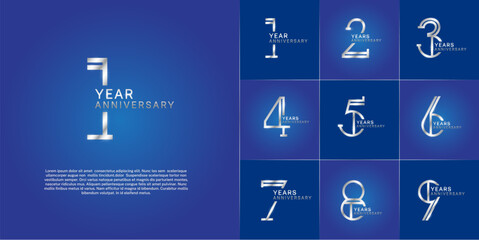 set of anniversary logotype silver color with glitter on blue color background for special celebration event