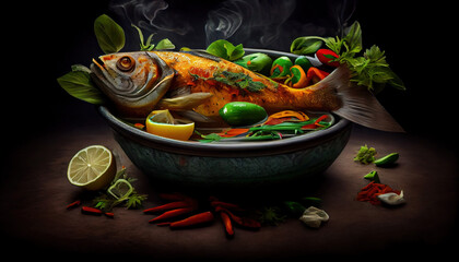 Delicious Fish Fry in Bowl with Lemons and Red Chillies on Foody Theme Background AI Generative
