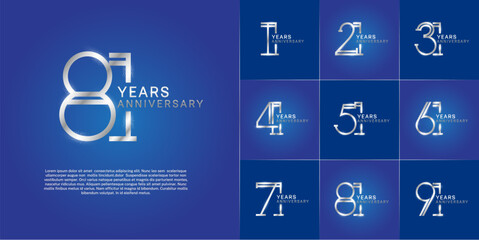 set of anniversary logotype silver color with glitter on blue color background for special celebration event