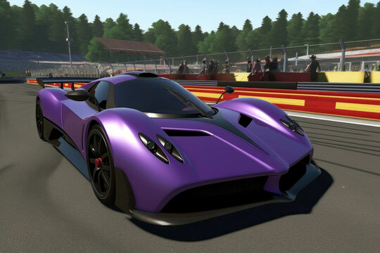 Gleaming mag wheels propelling a deep purple car along the track. Speed drive concept. AI generation. Generative AI