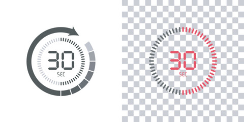 Timer, 30 seconds, stopwatch vector icon. Stopwatch icon in flat style, 30 seconds Countdown timer symbol icon on white and transparent background. Vector illustration.