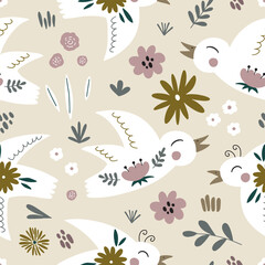 Seamless pattern with birds in scandinavian style surrounded by plants and flowers. Vector illustration for your design